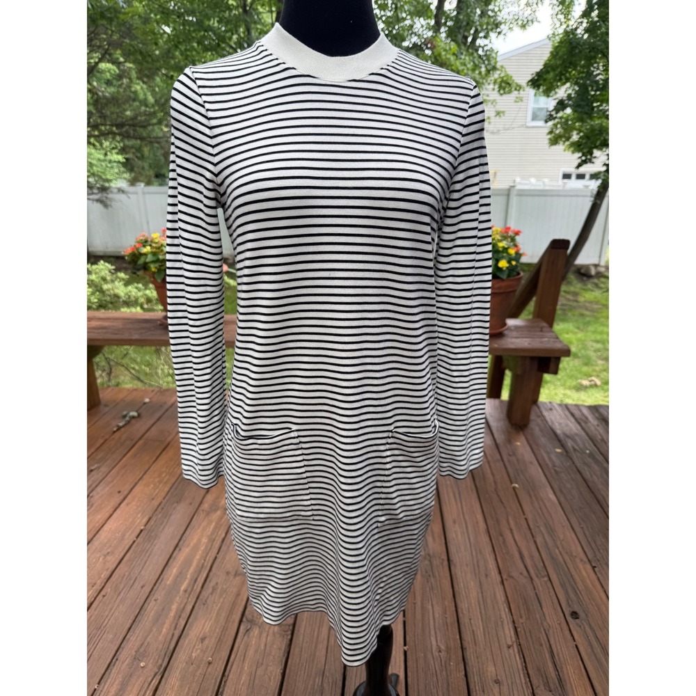 Club Monaco Womens Black White Striped Long Sleeve Mock Neck Pocket Sheath Dress